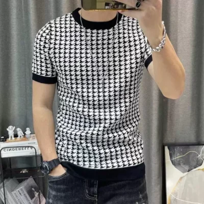 Men Striped Round Neck Polyester White, Black T-Shirt