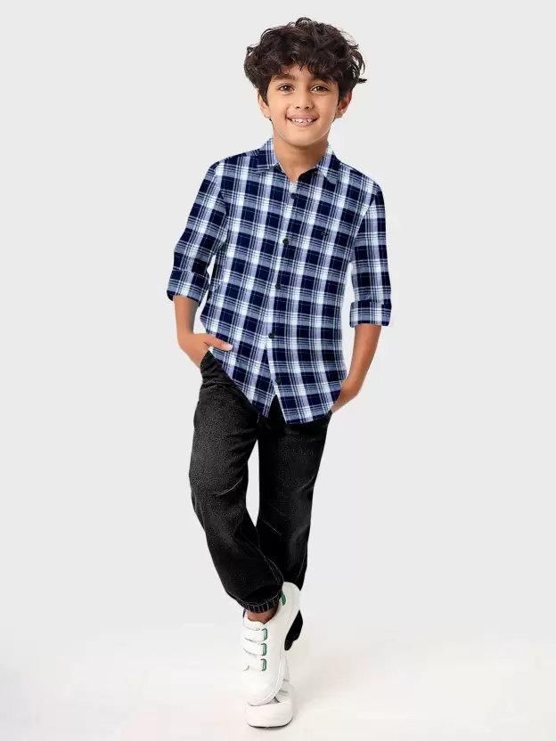 Boys Regular Fit Checkered Spread Collar Casual Shirt
