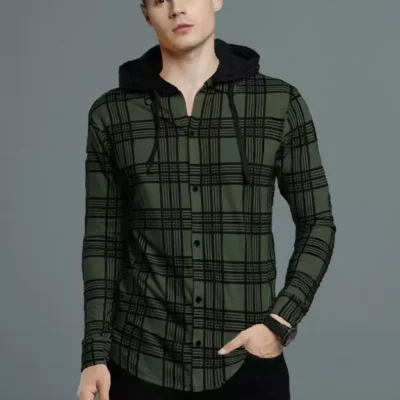Men Checkered Hooded Neck Cotton Blend Green
