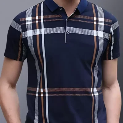 Men Checkered Polo Neck Cotton Blend Dark Blue