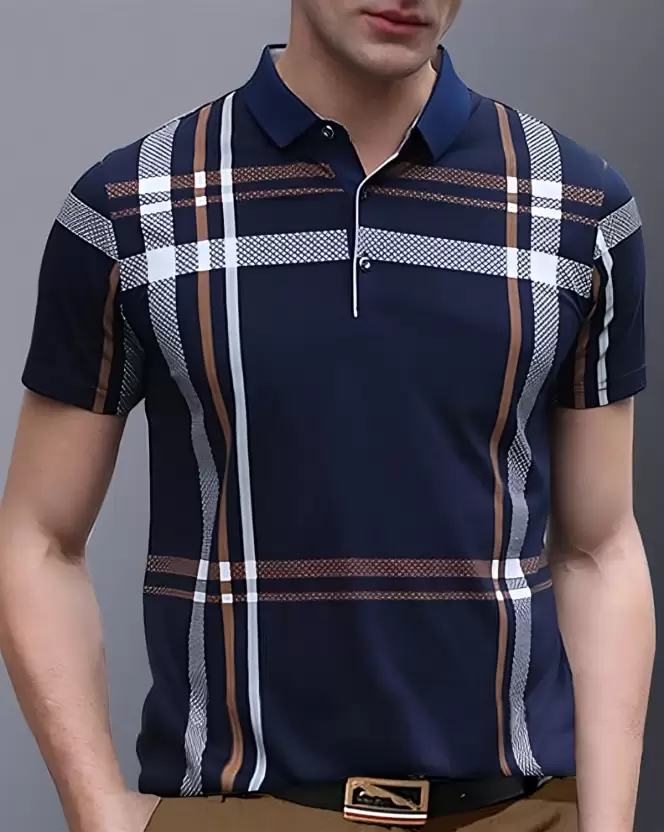Men Checkered Polo Neck Cotton Blend Dark Blue